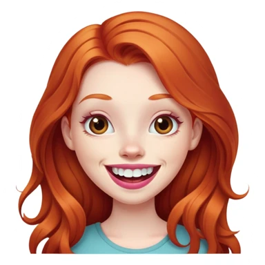 Young girl with pale skin, longer face, full pink lips smiling with big teeth, very long ginger red hair (no blonde at all), big brown eyes, bigger nose, big mouth sticker