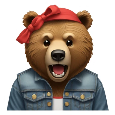 grizzly bear wearing sleeveless jean jacket and red headband with open mouth sticker