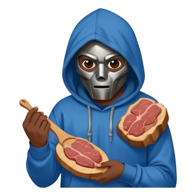 MF DOOM in a blue hoodie holding a piece of meat sticker