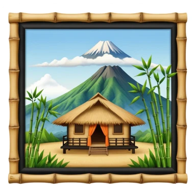 bamboo hut with volcano in the back in Volcano Island  sticker