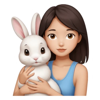 A young Asian woman with dark brown, almost Asian girl with dark brown hair, brown eyes, light Asian skin, add soft makeup and dress in tank top and hugging a one white rabbit with light brown spots, soft and warm atmosphere.
  sticker