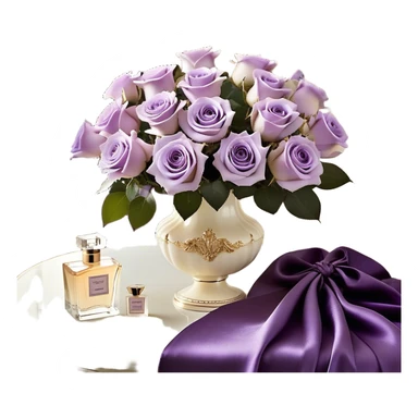 A luxurious bouquet of delicate light violet Ascott tea roses, carefully arranged in an elegant ivory porcelain vase, placed next to a deep purple satin fabric that drapes gracefully. A stunning lavender butterfly with intricate wing patterns rests gently on one of the roses. An exquisite ivory silk ribbon cascades across the scene, intertwining with a vintage-style perfume flacon in a pearlescent hue, adorned with an ornate golden atomizer, evoking timeless elegance sticker