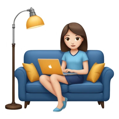 A girl is working with a laptop while lying on a sofa, with a floor lamp to the right. sticker