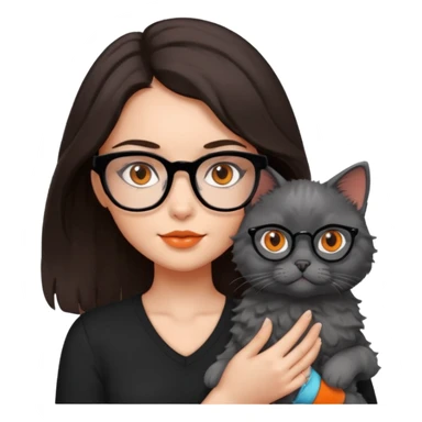girl with dark brown hair, medium length to her chest, slightly wavy, the girl has black glasses and black eyes, she’s holding a grey fluffy cat with bright orange eyes  sticker