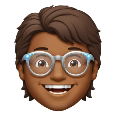 Brown guy with glasses with a whiffed front and puffed mullet, smiling with his teeth together and a sparkle from his teeth sticker