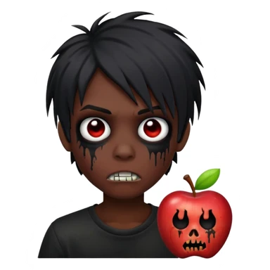 human boy zombie, black long emo hair, scary, black eyes, dark skin, Apple emoji style sticker