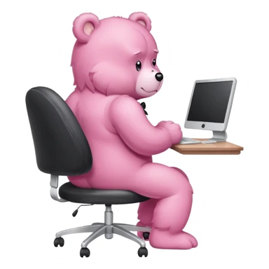 Pink Care bear sad in suit back view, sit on a chair, working on a computer, with a big desk sticker