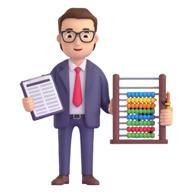 male accountant with tax forms, abacus and spreadsheet sticker