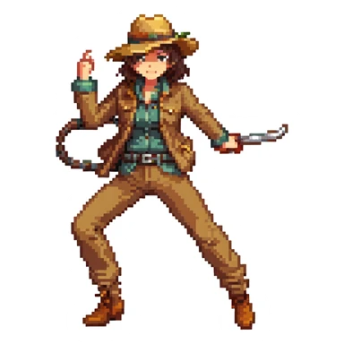 Lemeza Kosugi from La-Mulana, pixel art style, action pose, tan jacket, brown hat, whip raised, pixelated retro adventure hero sticker
