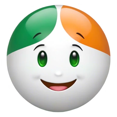 "A 2D-rendered, glossy, spherical emoji with a cheerful smiling face. The sphere is painted with the colors of the Indian flag—saffron on top, white in the middle, and green at the bottom. The emoji has large, shiny green eyes with black pupils, reflecting light for a cute and friendly expression. The background is plain white, making the vibrant colors and glossy texture of the sphere stand out. The overall style is smooth and cartoon-like, with a polished and modern look." sticker