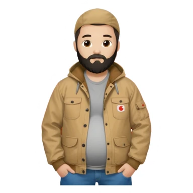 Bearded man with pregnant belly poking out of shirt wearing a tan canvas carhartt jacket next to chinese flag sticker