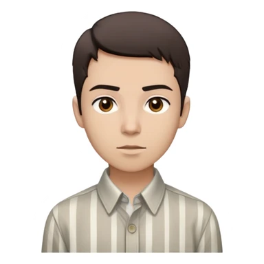 young individual with short, dark brown hair that is styled in a blunt cut on top and faded on the sides. They have light skin, dark eyebrows, and brown eyes. Their expression seems neutral, and they are looking slightly to their left. They are wearing a light-colored, long-sleeved button-down shirt with thin vertical stripes. The collar of the shirt is visible. sticker