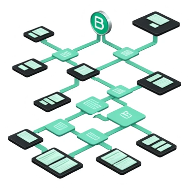 Fonction Publique (Public Service), 3D technical icon with black and mint green (#B5F4D3), administrative protocol flowchart with public service regulation codes sticker