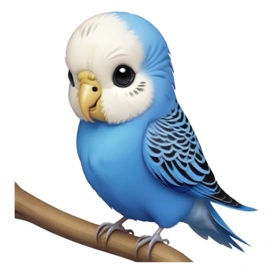 cinematic-cute-blue-budgie-portrait-emoji,-head-tilted-playfully-and-inquisitively,-featuring-a-brilliant-blue-feathered-fur-and white and black feathered face-with-a-natural-sheen,-round,-sparkling-dark-eyes-filled-with-curiosity,-simplified-yet-irresistibly-adorable sticker