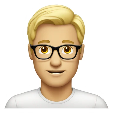Blonde man wearing glasses. Esting coffe sticker