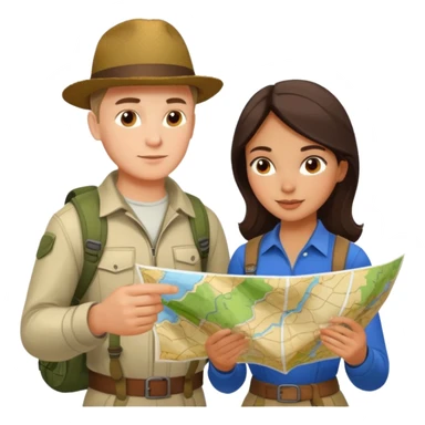Russian man and elegant Latina girl in adventure outfits with a map planning plants sticker