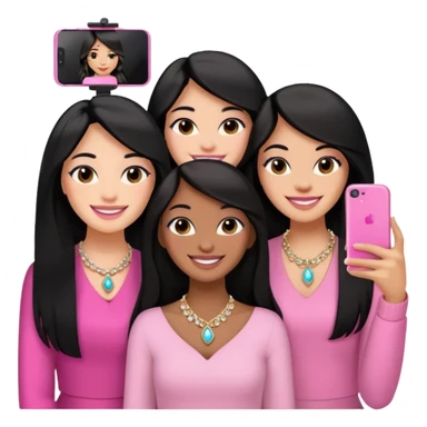 Just 3 besties with professional glammed up looks wearing pink and white, medium skin tone smiling big with black long hair. Very girly wearing jewelry, taking a selfie  sticker