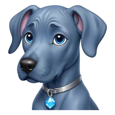 Cinematic Cute Blue Great Dane Portrait Emoji, Head tilted playfully and inquisitively, featuring a glossy blue Fur with a refined sheen, round, sparkling steel-blue eyes filled with curiosity, Simplified yet irresistibly adorable features, highly detailed, glowing with a warm, friendly glow, high shine, affectionate and gentle, stylized with a touch of whimsy, bright and endearing, soft glowing outline, capturing the essence of a mischievous yet loving pup, so playful it feels like it could lumber out of the screen and into your arms! sticker