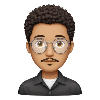 Man with oval-shaped face, large oval metallic glasses, dark curly short hair with high fade, light brown complexion, gentle expression, black button-up shirt sticker