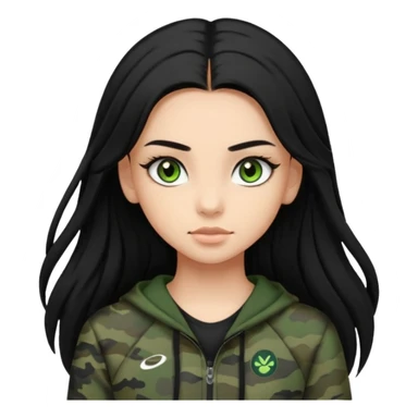 cute teenage girl, cute athletic clothes, light tan skin, dark camo green eyes, long black hair, very long eyelashes sticker