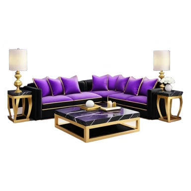 Luxurious black marble living room with gold and white accents and with a purple accented pillow  sticker
