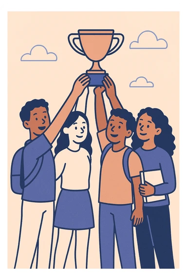 four diverse students in a warm atmosphere lifting a trophy, flat design style, dynamic silhouettes, light background, warm color palette sticker
