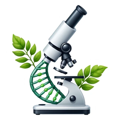 An icon featuring a DNA strand, a microscope with visible cells, and a green leaf, symbolizing biology. The design includes animal cells, plant structures, representing the study of living organisms and ecosystems. Transparent background highlights life sciences and biological research. sticker