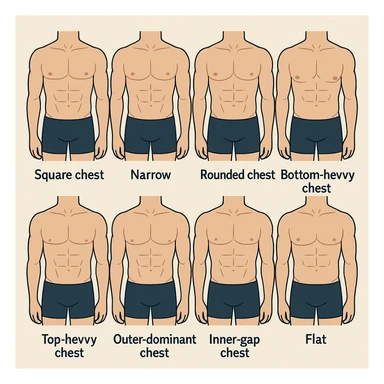 Make image of types of male chest shapes, few examples: Square chest, Narrow chest, Rounded chest, Bottom-heavy chest, Top-heavy chest, Outer-dominant chest, Inner-gap chest, Flat chest. sticker
