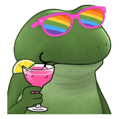 Bufo frog with pink sunglasses, holding a rainbow cocktail, in bufo style, transparent background sticker