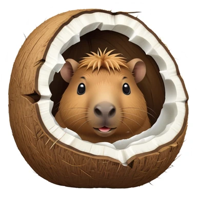 A cute capybara peeking out from inside a cracked open coconut shell sticker