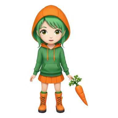 cute green-haired girl with orange eyes, wearing an orange hoodie, green skirt, orange knee socks, and green boots, with a small carrot accessory on her head, big expressive eyes, simple emoji face, round head, clean vector style sticker