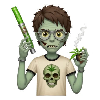 short wavy brown haired zombie getting stoned with weed t shirt and bong on his hand and wearing black chrome hearts bifocals sticker