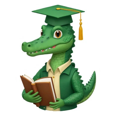 A claymation-style academic alligator with a book. The background is a solid white circle sticker