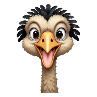 A cute cartoon adult male ostrich standing with black feathers. Mouth open. sticker