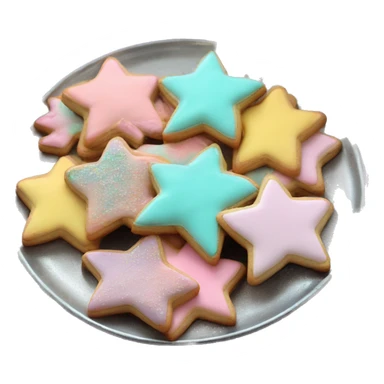 Realistic star shaped cookies and heart shaped cookies with pastel ombre icing and sprinkles piled up on a metallic silver plate. sticker