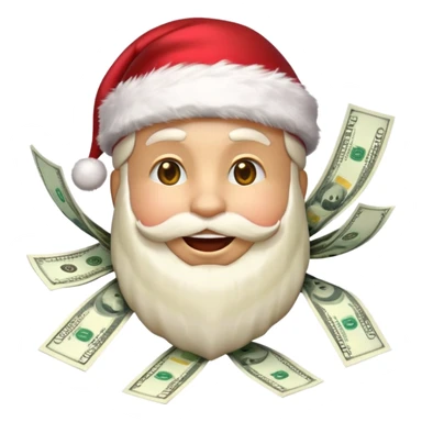 A rich happy emoji face in Santa hat, covered in money, cash stacks and flying dollar bills, Christmas mood, New Year festive style, glossy 3D emoji, vibrant colors, high detail, no text, isolated, transparent background sticker