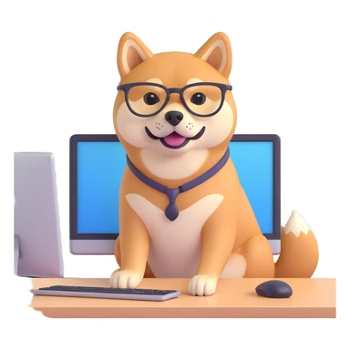 shiba inu with eye glasses and computer sticker