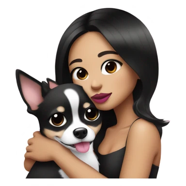 Thick medium black hair with black eyes and pink lip and pink cheek Filipino lady hugging black and white Chihuahua  sticker