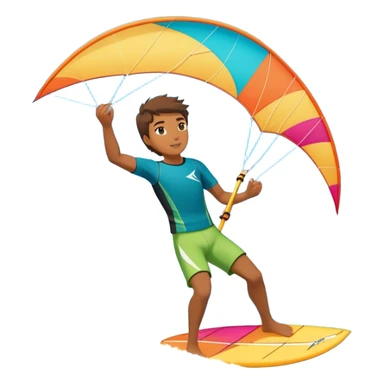 A professional kite surfer riding the waves, holding the kite in front of them as the wind fills the sail, propelling them across the water. The backdrop features a stunning landscape with a vibrant sky, crashing waves, and a sense of motion and adventure. sticker