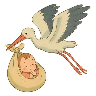 human baby in a bundle being a bundle being carried by a flying stork in ghibli style sticker