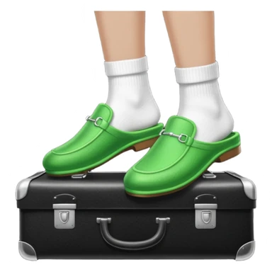Feet with white socks wearing green house slippers standing on a briefcase sticker