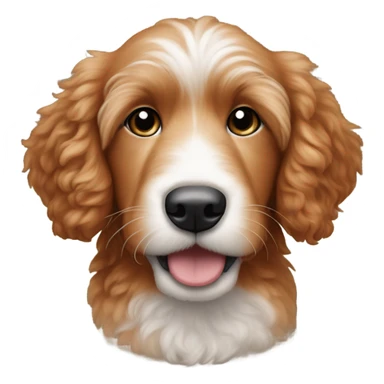 Red goldenoodle puppy with white tuft at tip of nose and white spot on top of head sticker