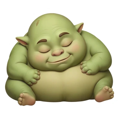 Meme-Worthy Cute Sleeping Ogre Portrait Emoji, with a surprisingly endearing, plump figure in soft earthy greens and browns, head drooping gently with closed, relaxed eyes and a content, sleepy grin, simplified yet adorably detailed, glowing with a soft warm outline that captures the peaceful slumber of a friendly ogre after a day of gentle mischief! sticker