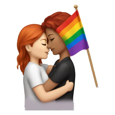 Brunette and redhead lesbian couple are kissing and hold lgbt flag sticker
