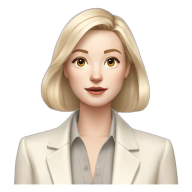 pale skin woman with ash blonde Straightened bob Hair, White Spacious classical jacket, beige palazzo Arrow pants and gray blouse holding white IPhone 14 pro in the hands sticker