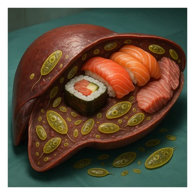 Hyperrealistic 4K anatomical view of a human liver cut in half, containing sushi and raw fish full of protozoa, realistic anatomical details, medical atmosphere, protozoa clearly visible and enlarged. sticker
