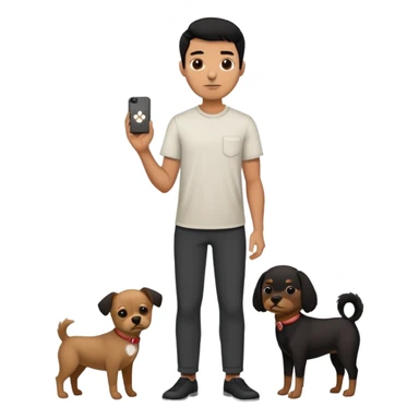 Mexican man with black hair and brown eyes wearing a shirt and black pants, holding a small white dog with one brown ear sticker