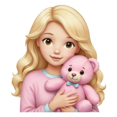 An emoji of a blonde woman holding a plush pink teddy bear. She has long, wavy golden hair and a gentle, happy expression. The teddy bear is soft, fluffy, and pastel pink, giving a cute and cozy vibe sticker