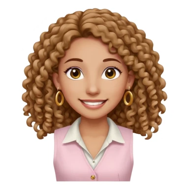 mujer un poco morena (no demasiado), pelo rizado largo, sonriendo, con ojos grandes y marrones con camisa rosa palo y un chaleco blanco y aretes dorados en forma de circulo en sus orejas  sticker