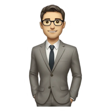 Full height Pale skinned Fit Man With dark brown hair in classic gray suit, beige office shirt, dark gray tie, and vintage glasses. His right hand is directed up sticker